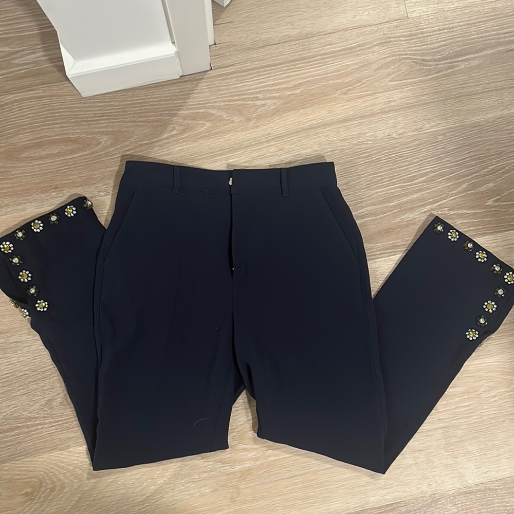 Cinq a sept beaded rhinestone floral Libbi navy pants